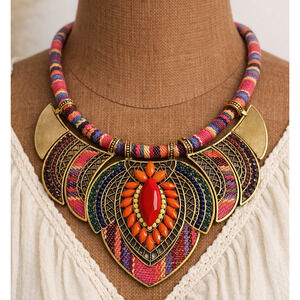 NWT Boho Statement Bib Necklace – Multicolor Woven Cord, Tribal Metal Pendants